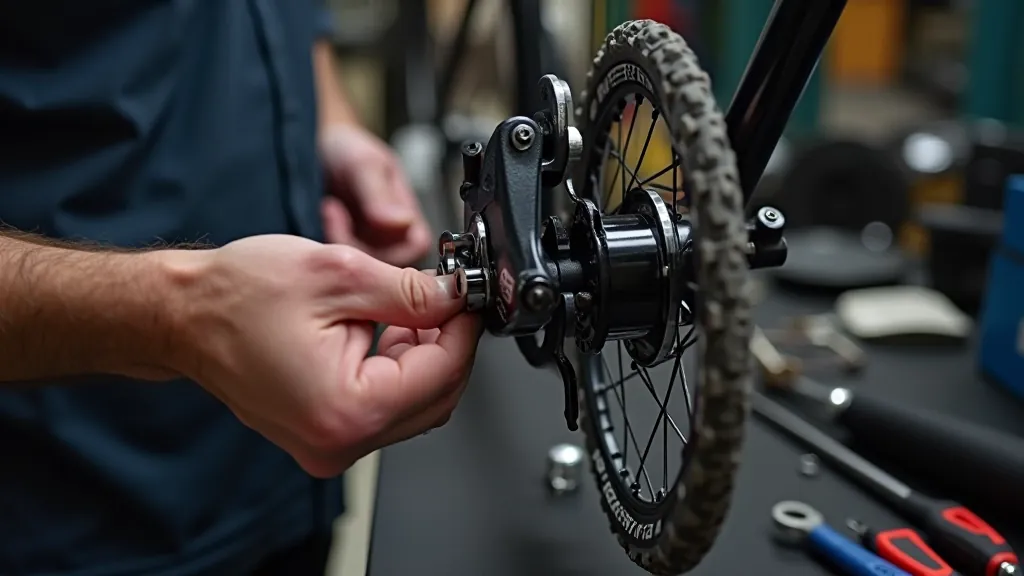Bicycle brake caliper and pads with adjustment tools and replacement pads on workbench