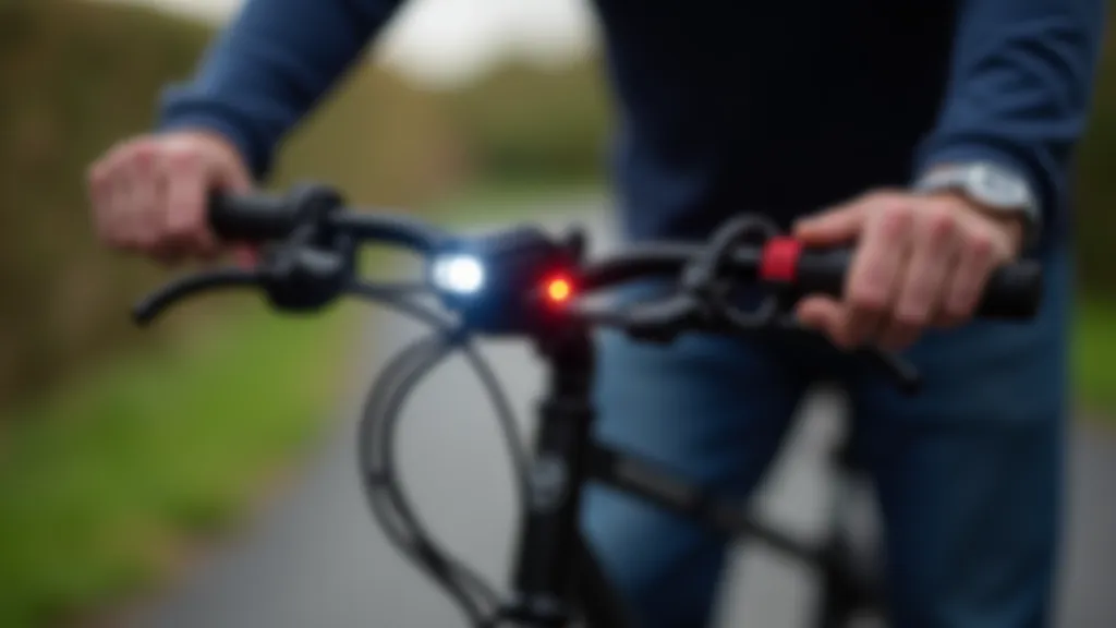 Front and rear bicycle lights mounted on a touring bike, showing bright white LED front light and red rear light