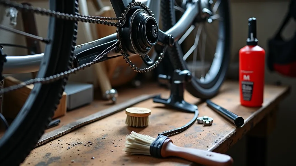 Bicycle maintenance tools and chain care supplies laid out on a workbench
