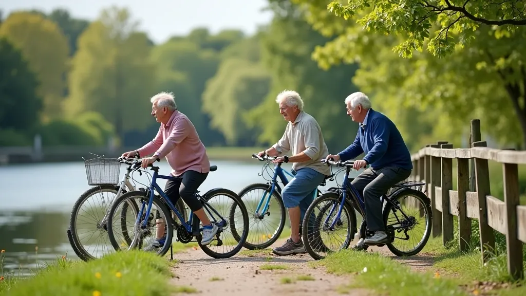 Group of cyclists relaxing by the water during a lunch break