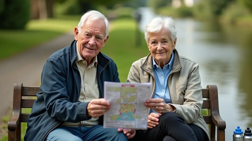Two cyclists sitting on a bench beside the towpath with a map and water bottle, planning their route