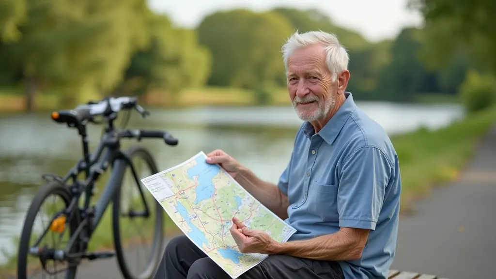 Cyclist checking a paper map at a rest stop on the towpath, water visible in background