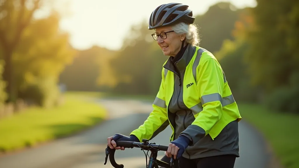Older cyclist wearing safety gear and reflective vest on the towpath