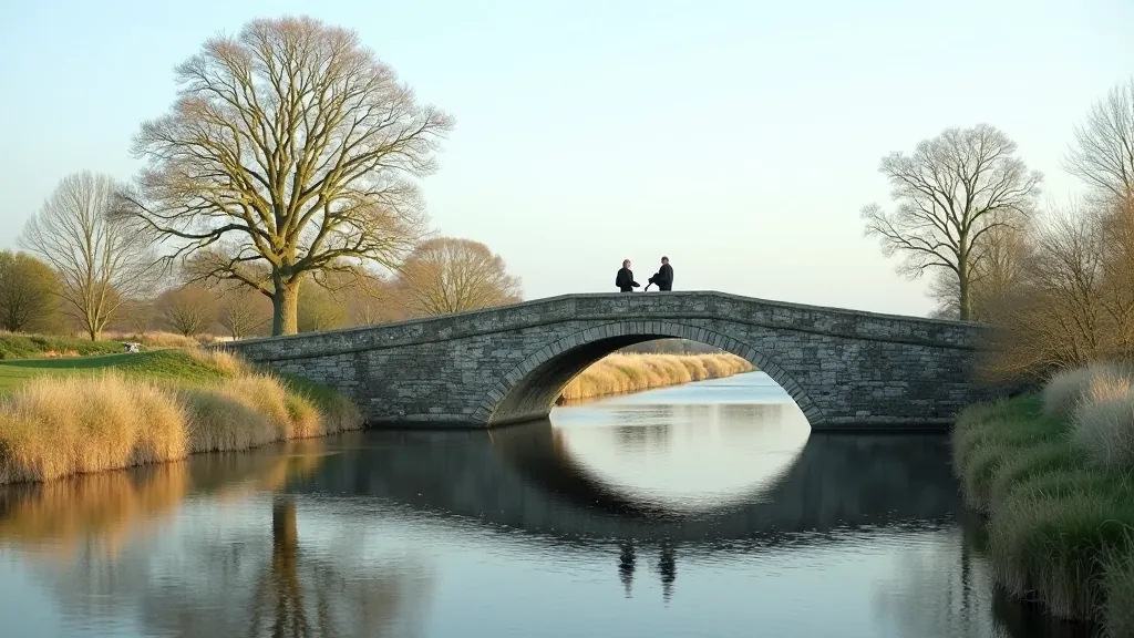 Scenic bridge crossing over the waterway with countryside beyond