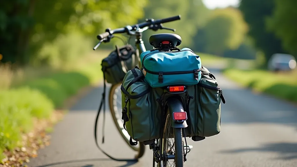 Packed pannier bags on a touring bicycle beside the towpath with rest area bench visible